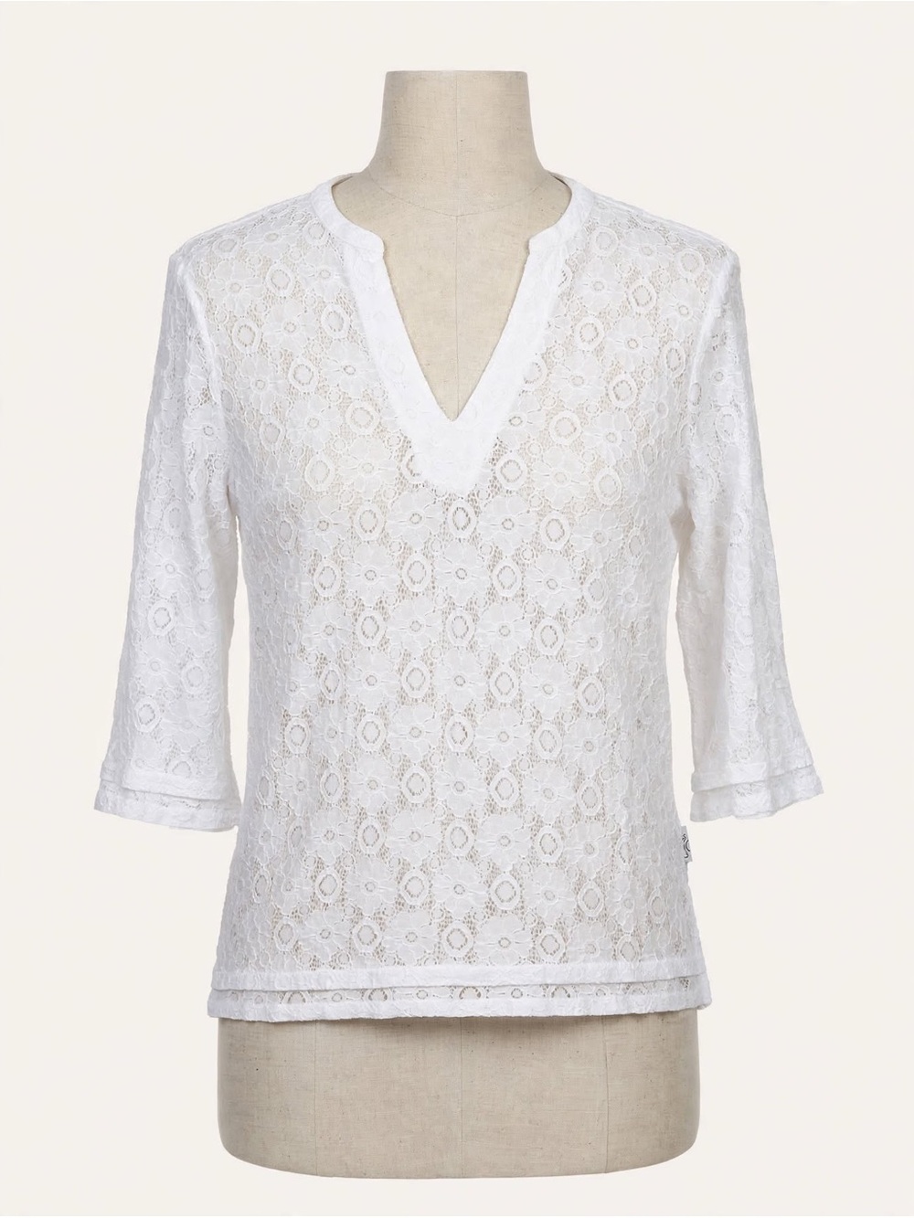 Nicole Miller White Lace Top L Sheer Floral Boho 3/4 Bell Sleeve Tunic